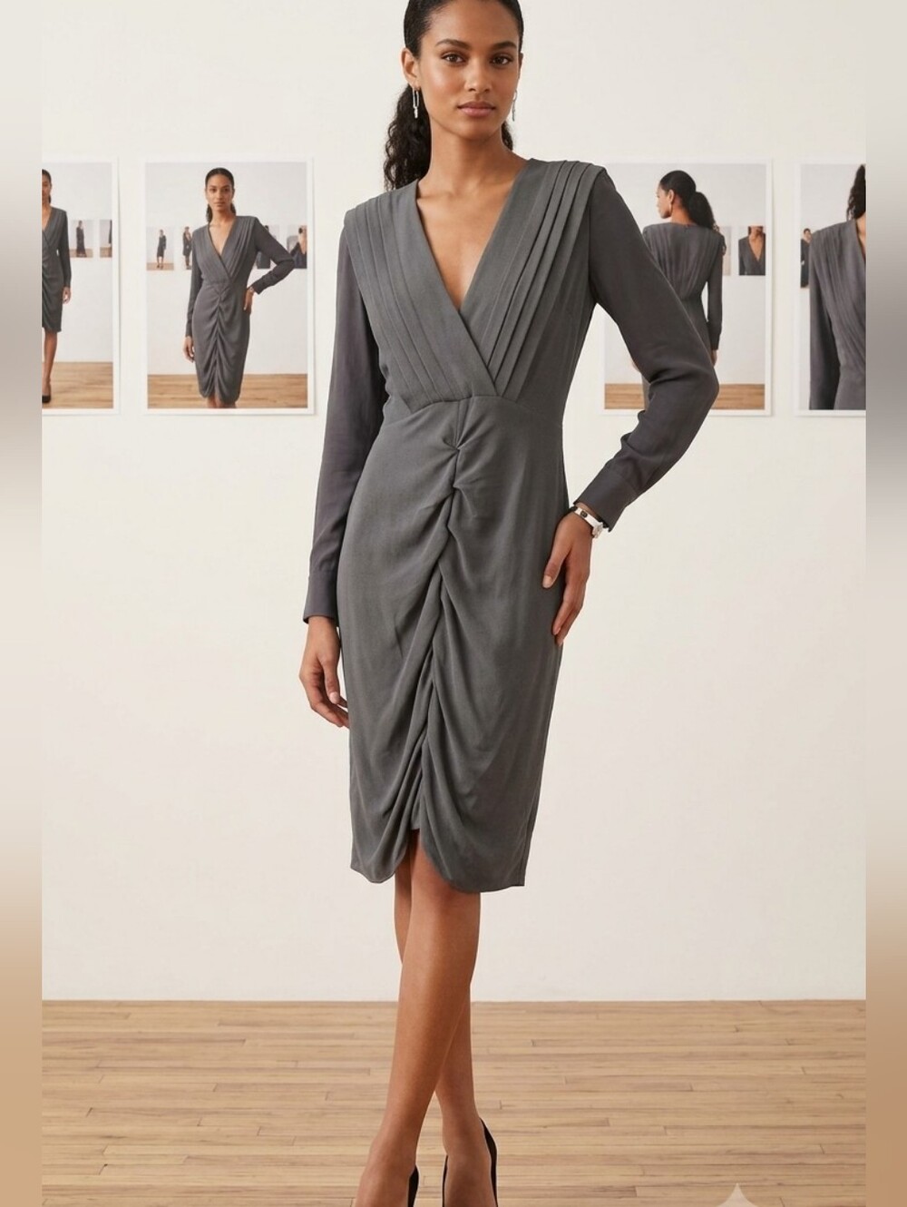 Yigal Azrouël Grey Ruched Long Sleeve Dress - Size 6